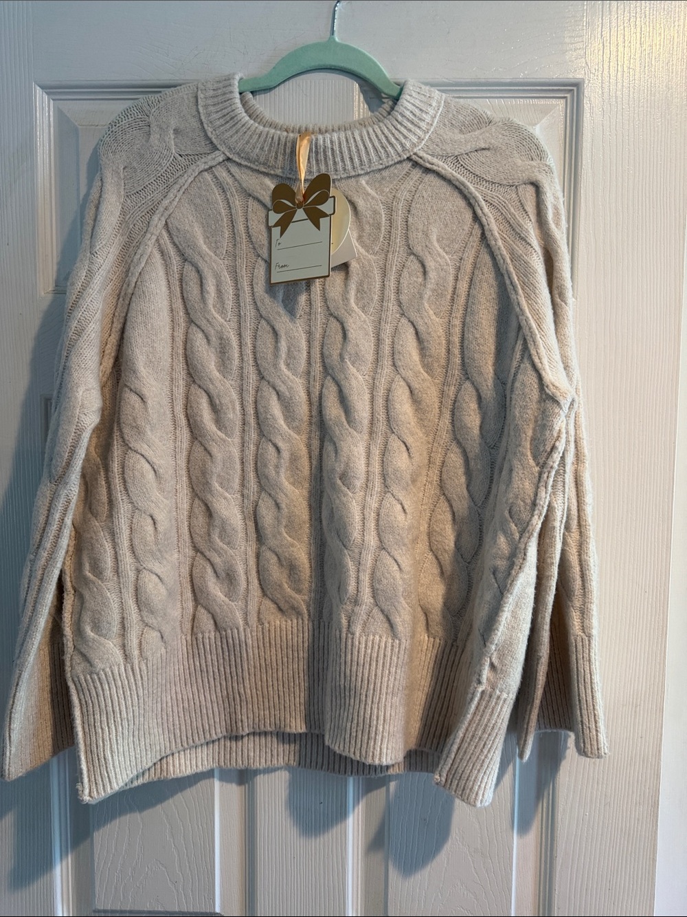 Pink Rose Cable-Knit Crewneck Sweater - Cream